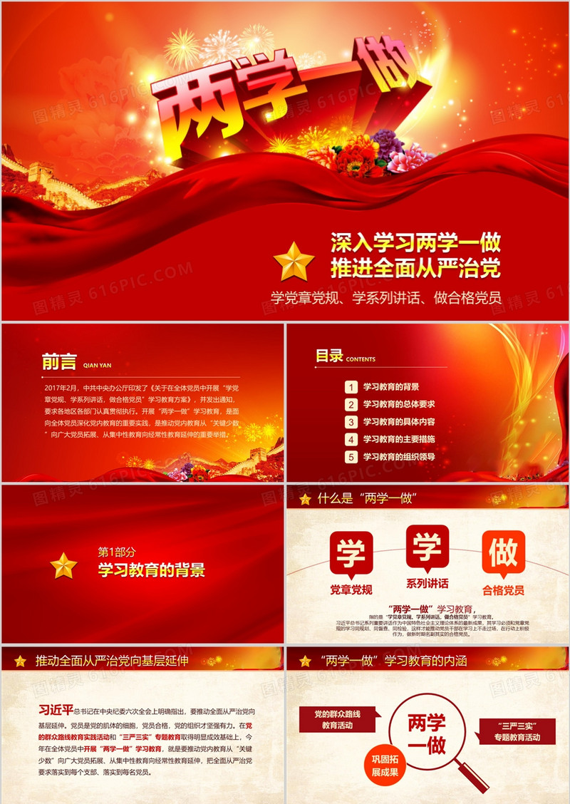 两学一做党课心得体会背景图PPT模板