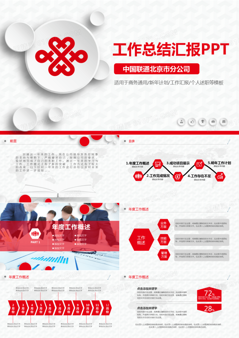 2019红色简洁商务中国联通工作汇报ppt模板