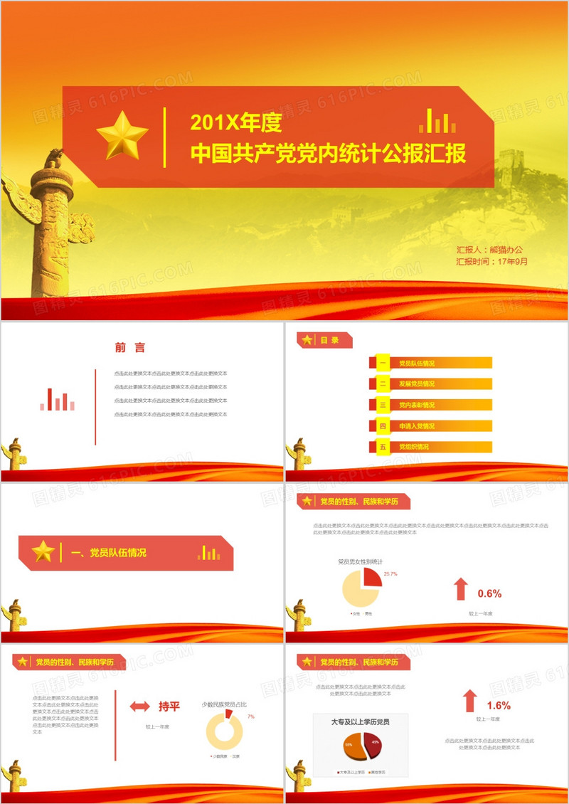 红色大气中国共产党党内统计公报汇报PPT
