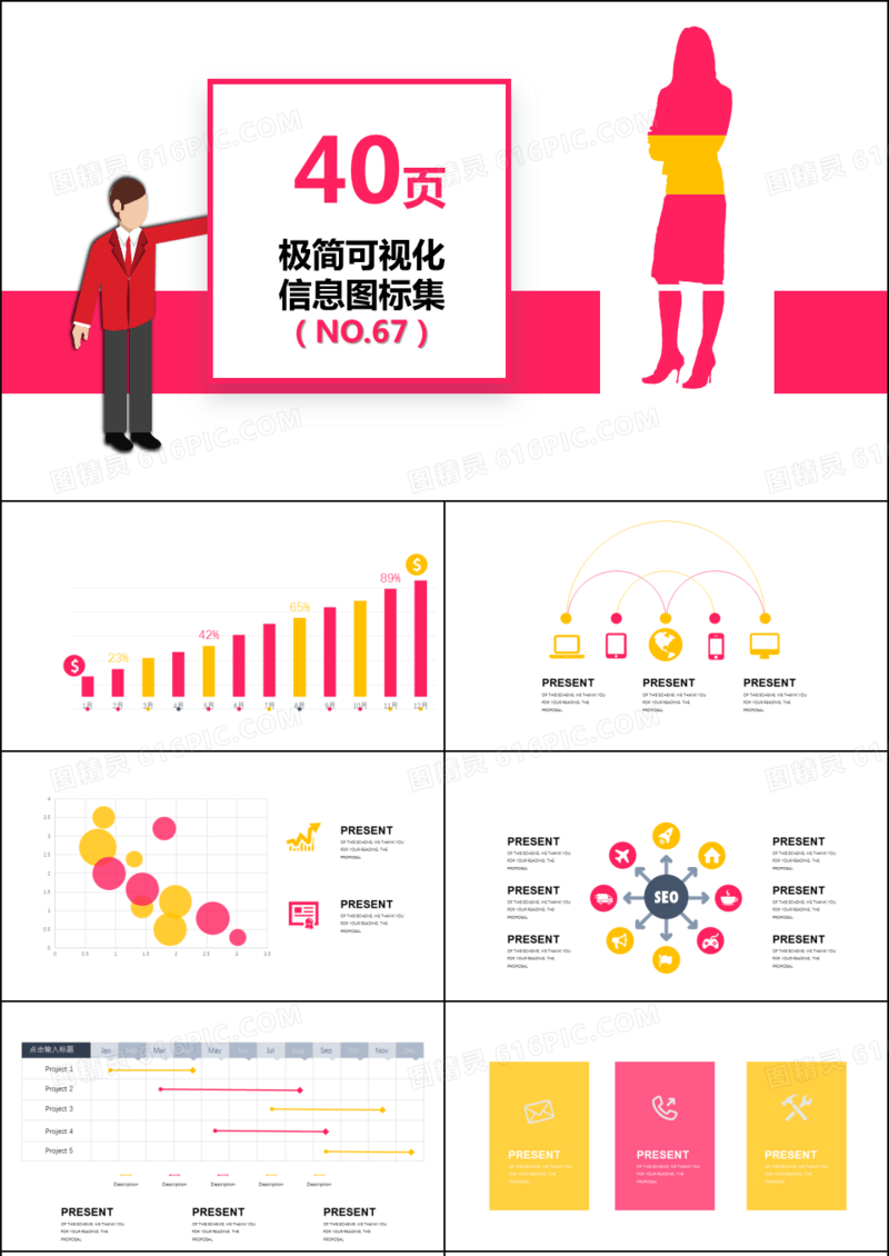 40页极简信息可视化图表集PPT模板