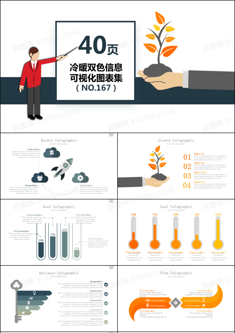 40页冷暖双色信息可视化PPT图表