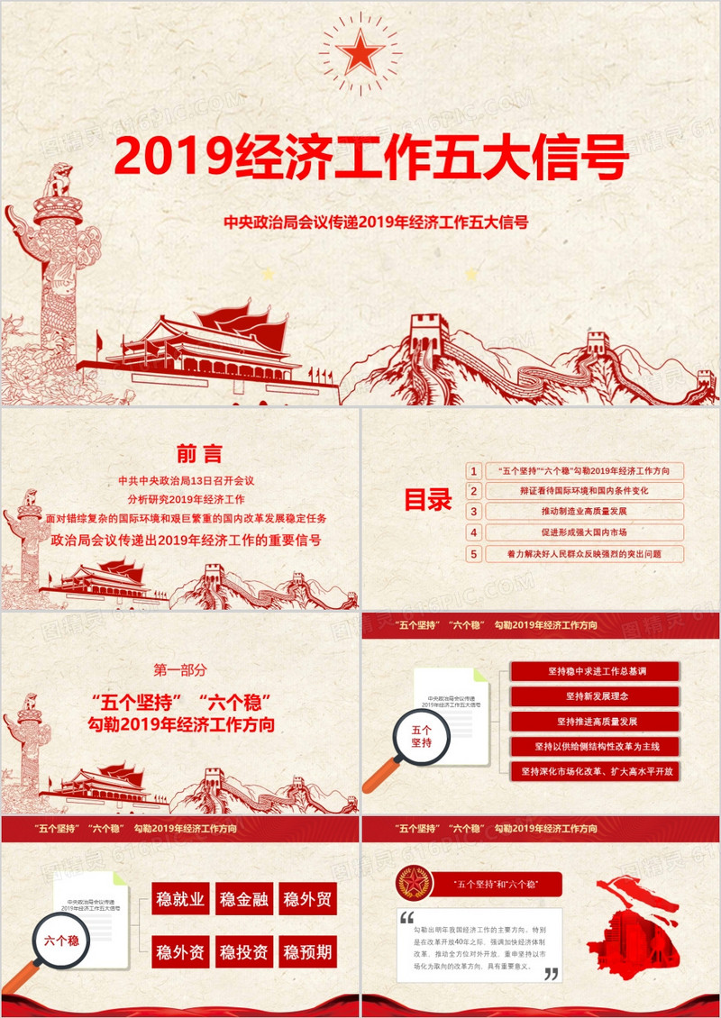 红色党政风格2019年经济工作五大信号解读学习PPT模板