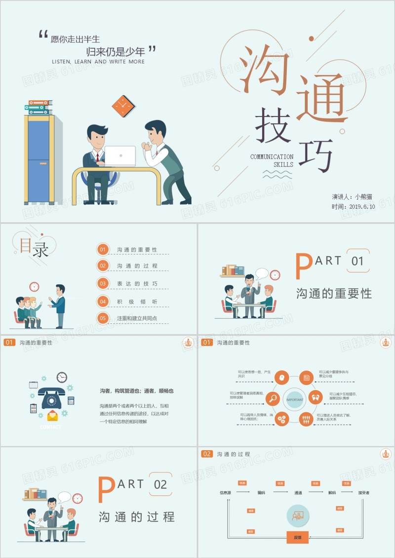 淡绿色扁平企业沟通技巧培训课件PPT模板