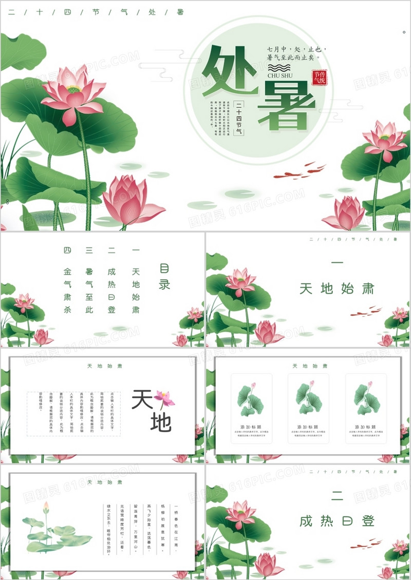 绿色清新荷花处暑介绍PPT模板