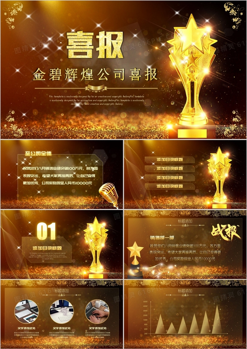金色系金碧辉煌喜报PPT模板