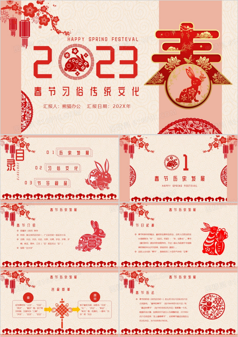 中国传统剪纸风新年习俗文化宣传介绍PPT模板