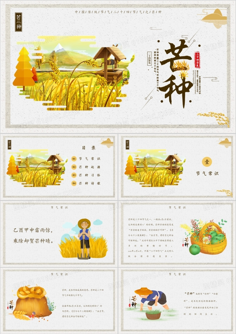 黄色二十四节气之芒种节气介绍主题班会PPT模板