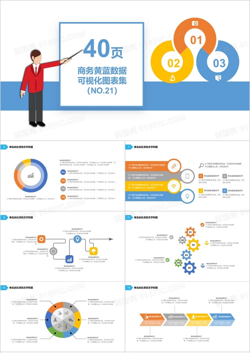 40页商务黄蓝数据可视化图表集PPT模板