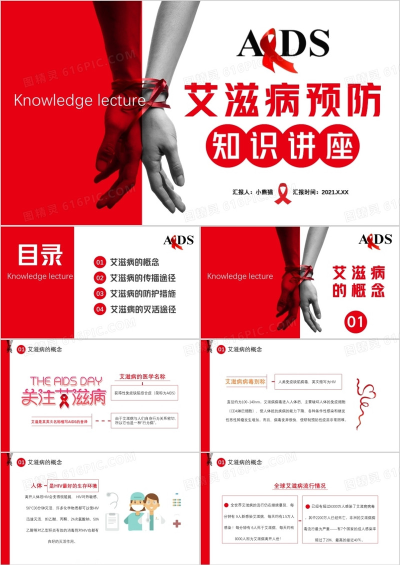 2021红色简约商务风艾滋病预防知识讲座通用PPT模板