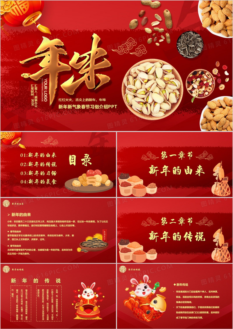 红色中国风年味新年习俗节日介绍PPT模板