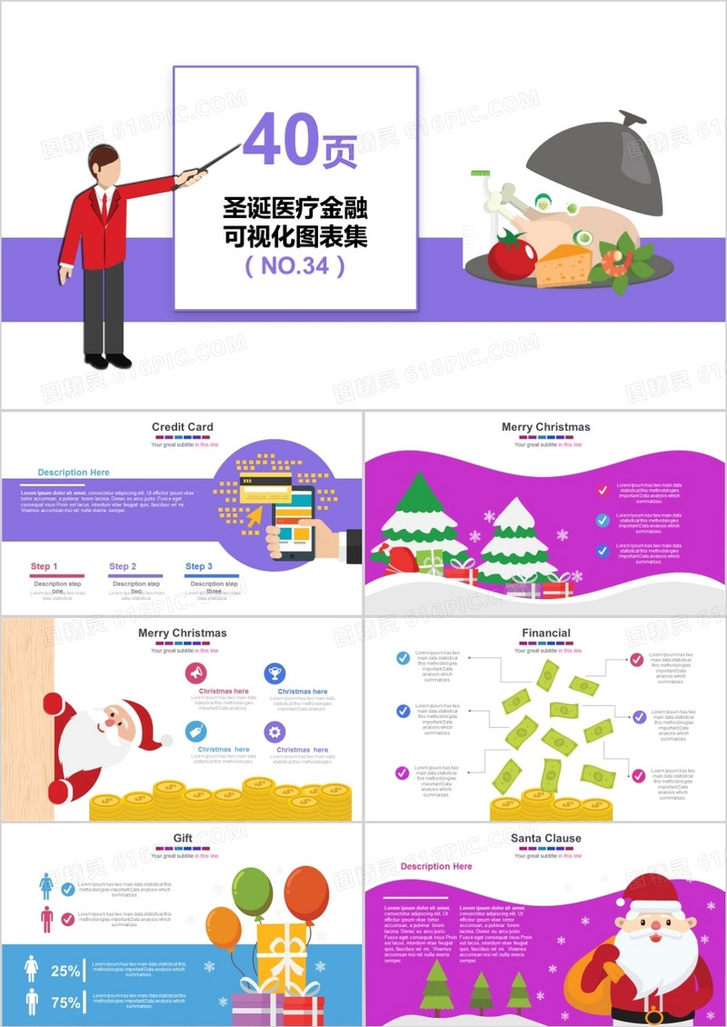 40页圣诞医疗金融可视化图表集PPT模板