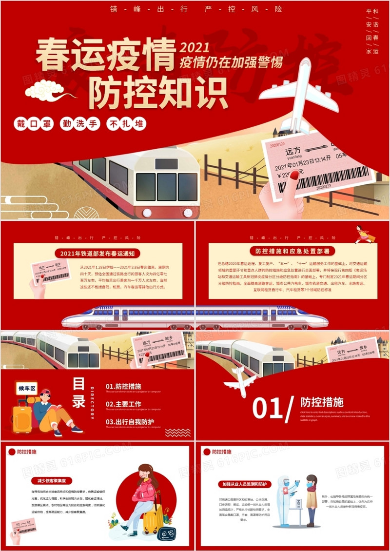 红色卡通春运疫情防控意识动态PPT模板