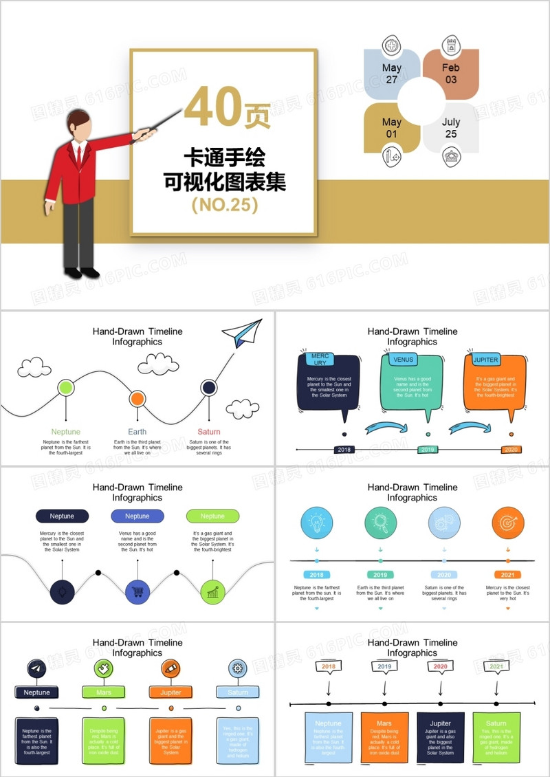 40页卡通手绘可视化图表集PPT模板