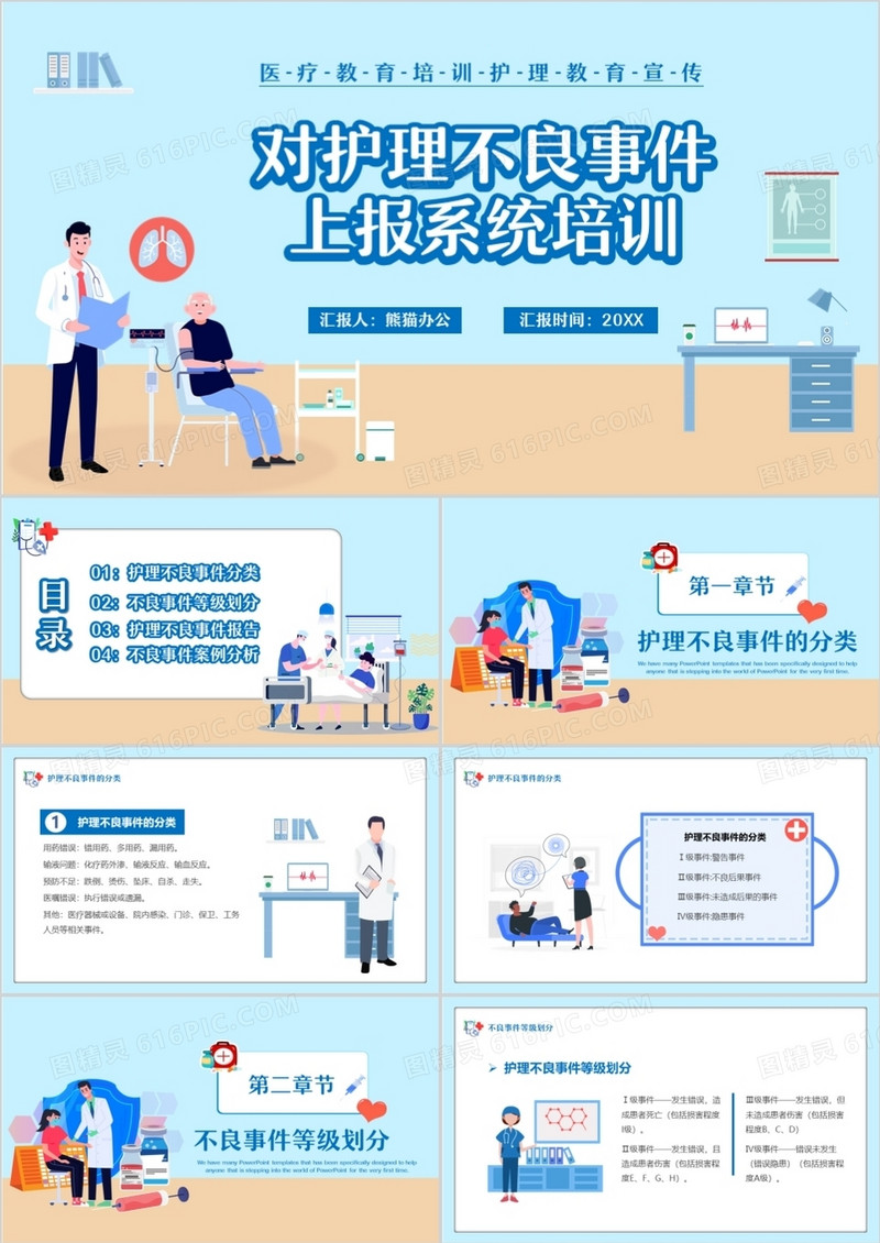 卡通风医疗行业对护理不良事件上报系统培训PPT模板
