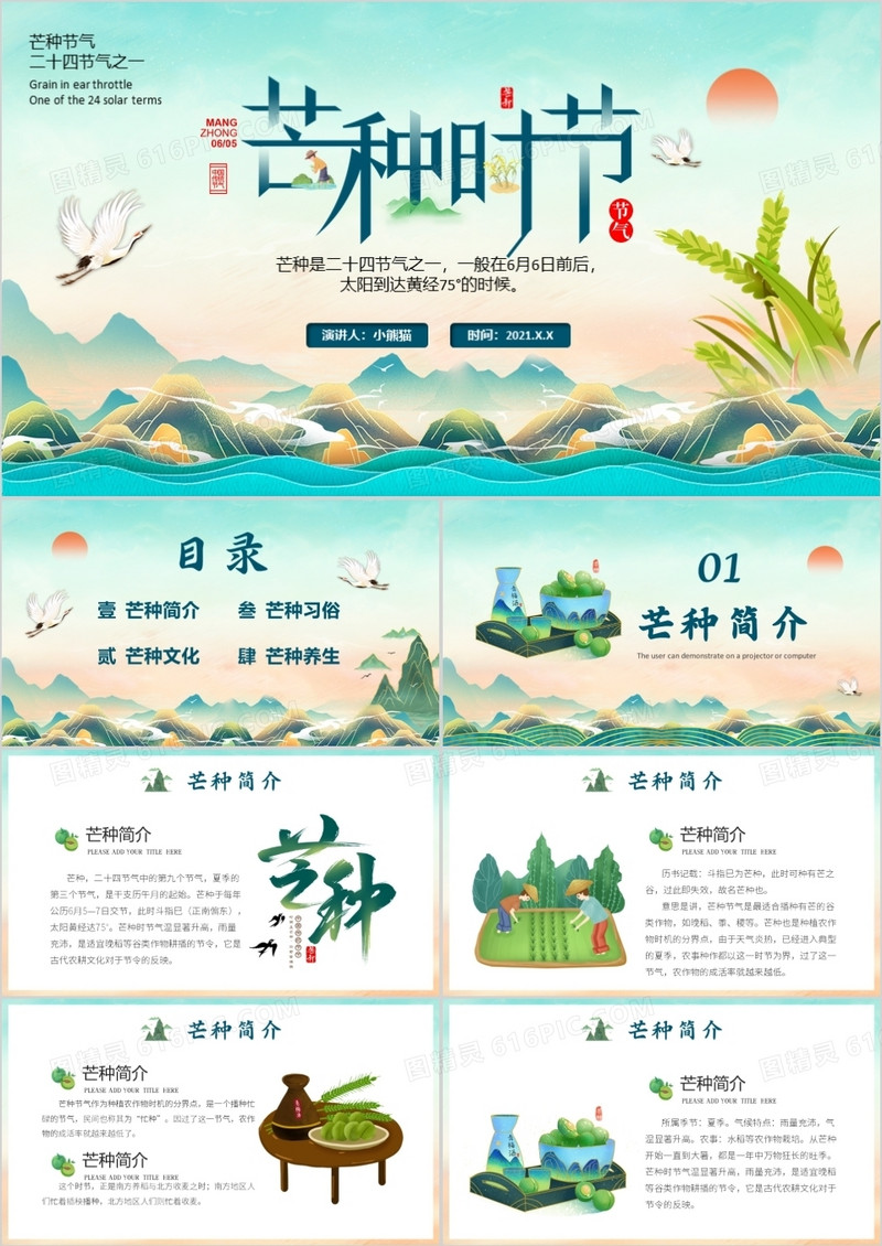 蓝色卡通风中国传统二十四节气芒种PPT模版