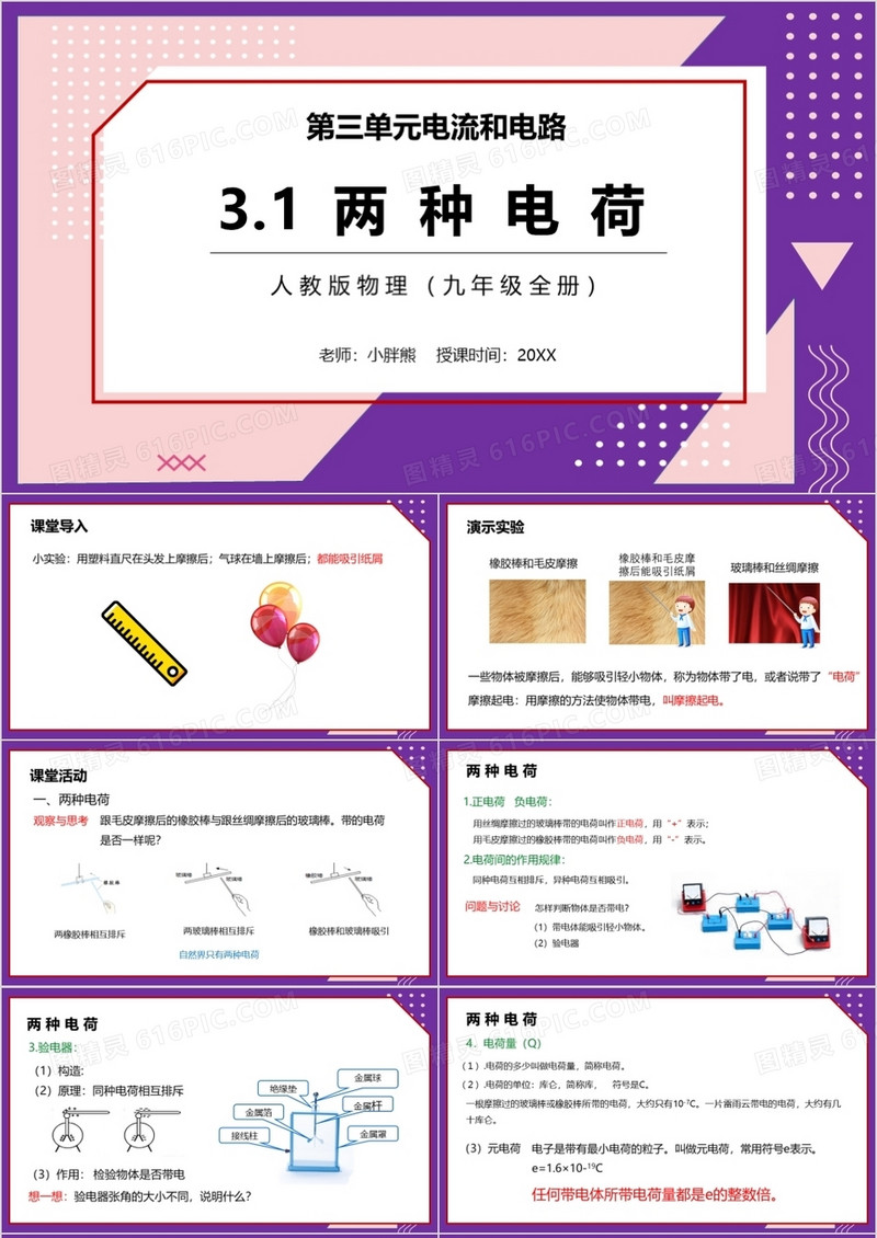 部编版九年级物理全册两种电荷课件PPT模板
