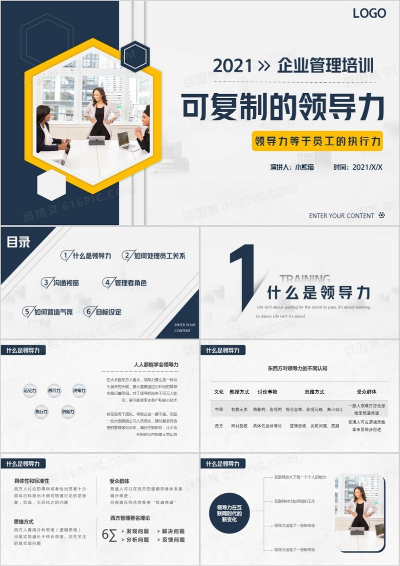 黄色简约风可复制的领导力企业教育培训通用PPT模板