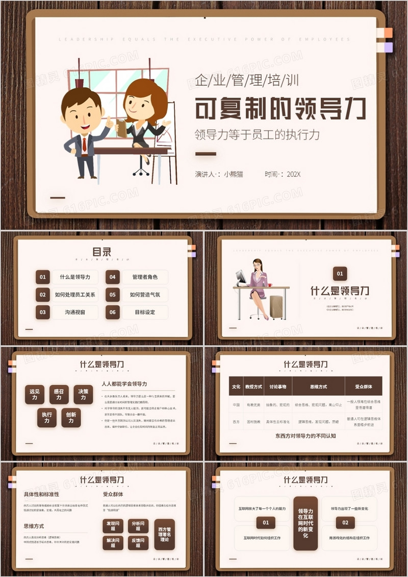 棕色简约风可复制的领导力企业管理培训知识介绍PPT模板