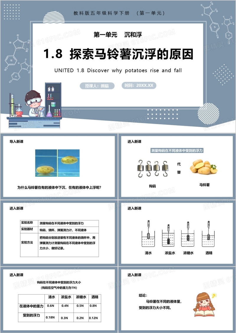 教科版五年级科学下册探索马铃薯沉浮的原因课件PPT模板