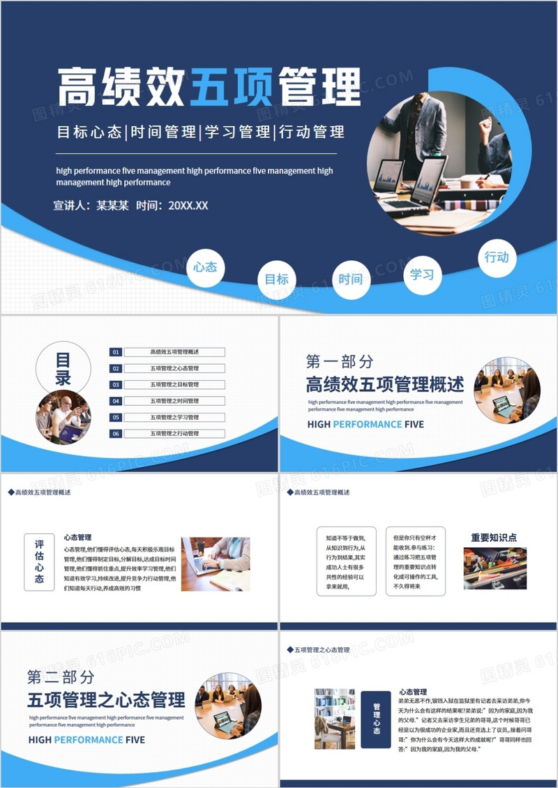 高绩效五项管理目标心态时间管理学习管理行动管理动态PPT模板