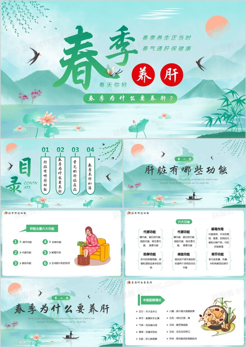 绿色中国风春季养肝主题教育PPT模板