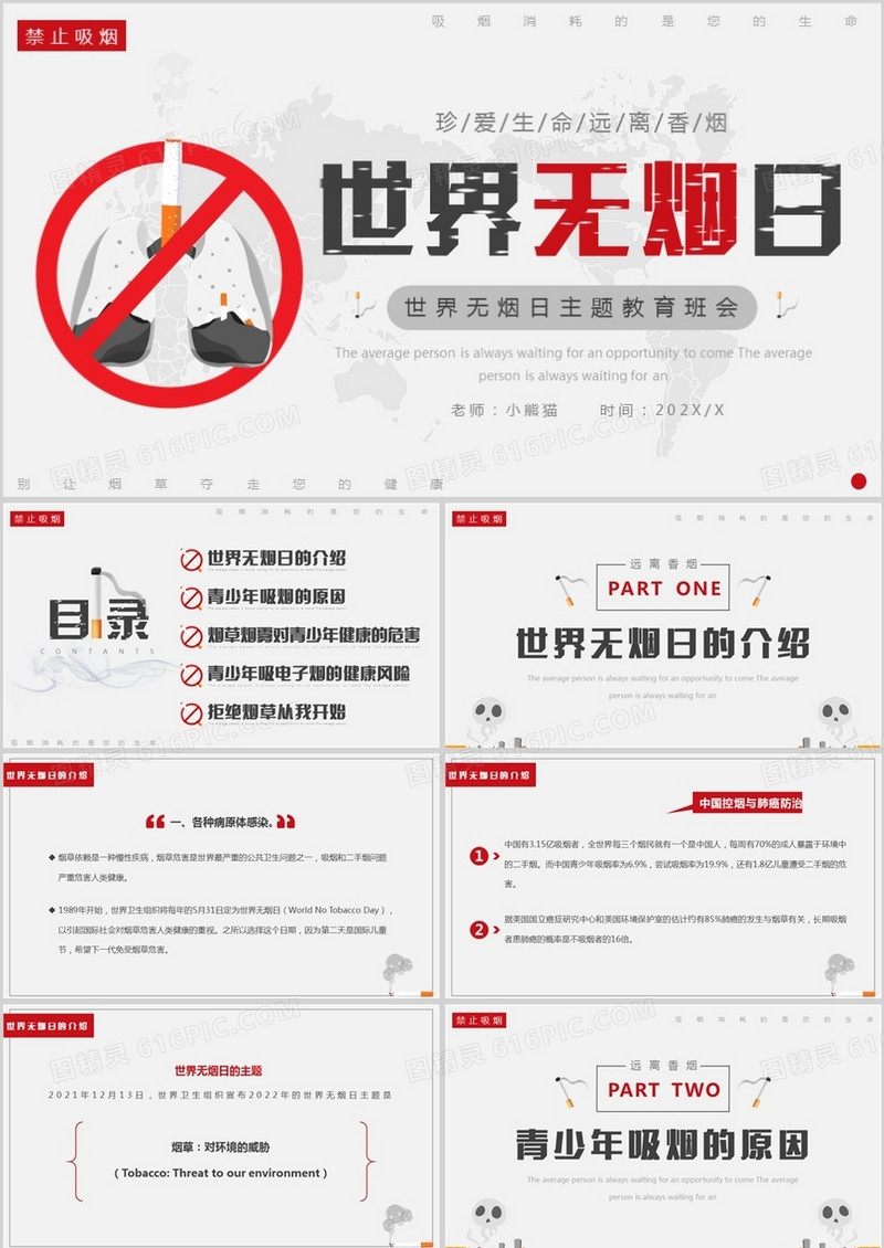 红灰色简约世界无烟日主题班会PPT模板 