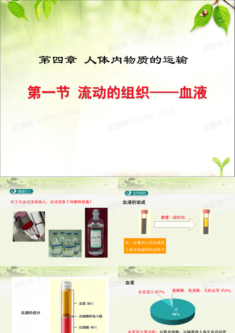 人教版初中生物七年级下册《4.1第一节 流动的组织——血液》优质课件(两套)