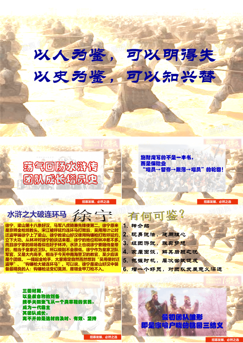 通过水浒三国谈保险公司增员培训教育训练经典高端创意PPT模版
