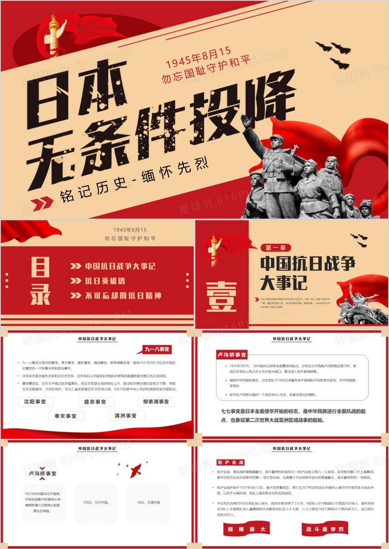 红色简约日本无条件投降介绍PPT模板