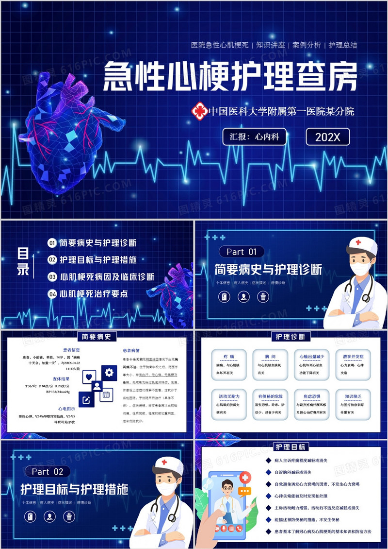 蓝色卡通风急性心梗护理查房PPT模板