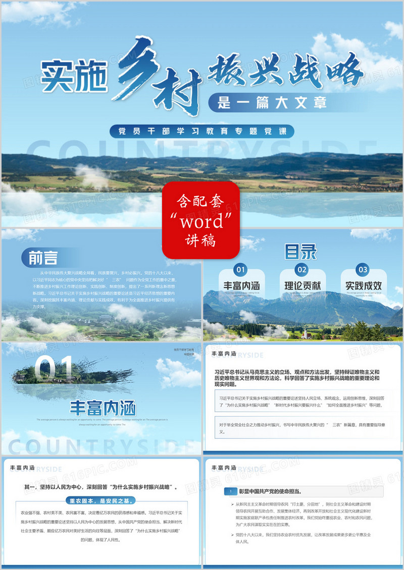 蓝色简约实施乡村振兴战略介绍PPT模板