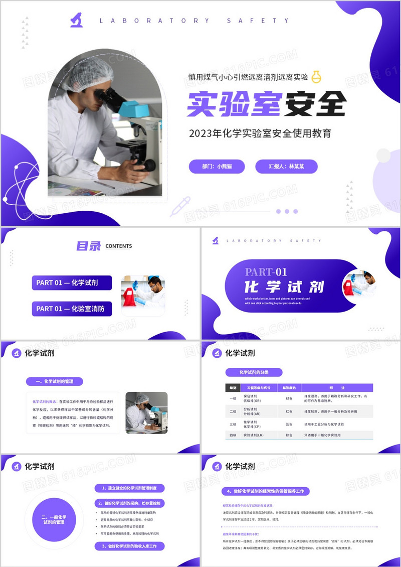 紫色简约商务风化学实验室安全使用教育PPT模板