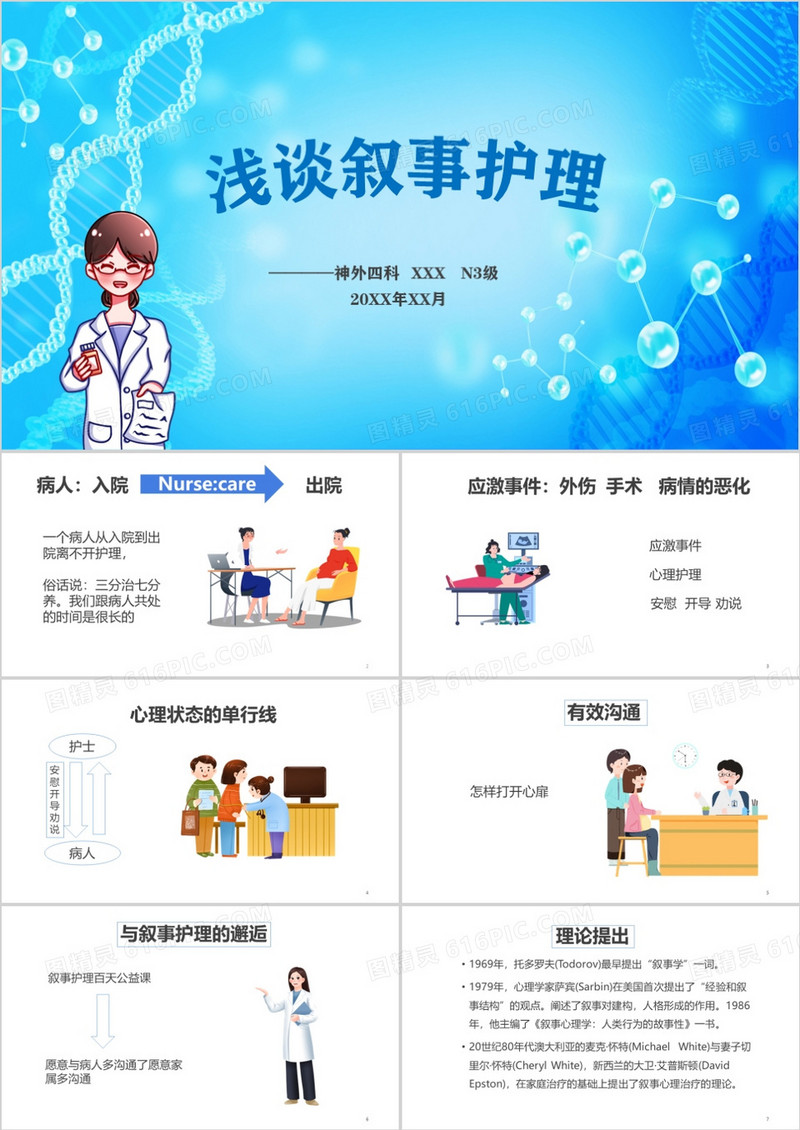 蓝色卡通风浅谈叙事护理PPT模板