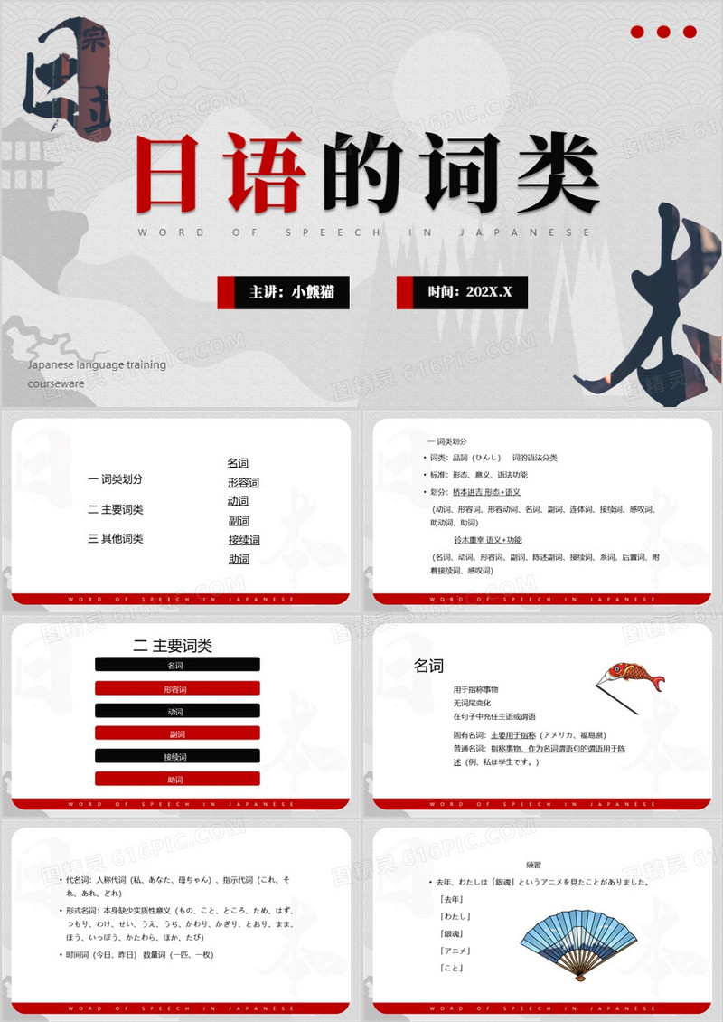 简约红色日语的词类日语教学PPT模板