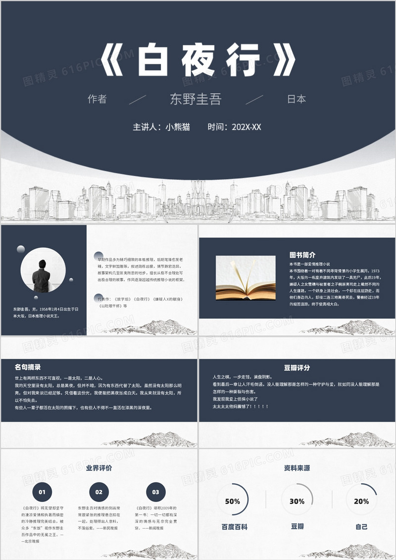 蓝色简约风白夜行介绍PPT模板