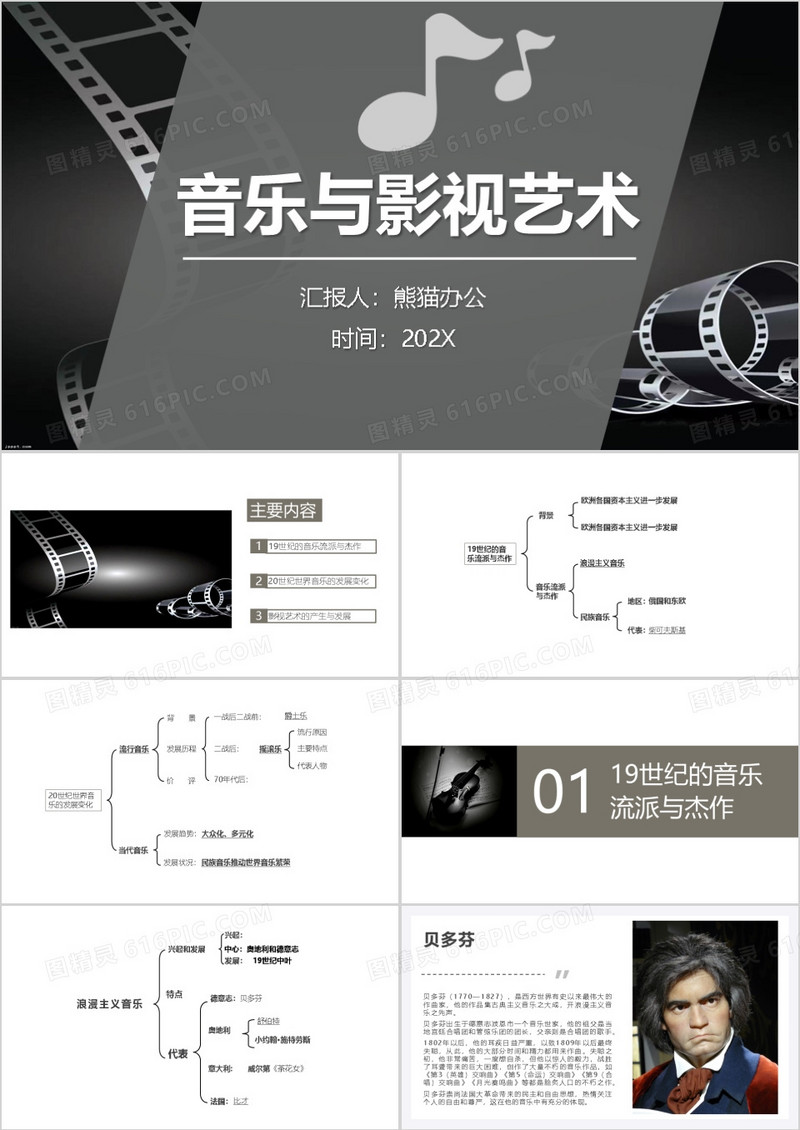 黑白色简约风音乐与影视艺术行业分析PPT模板