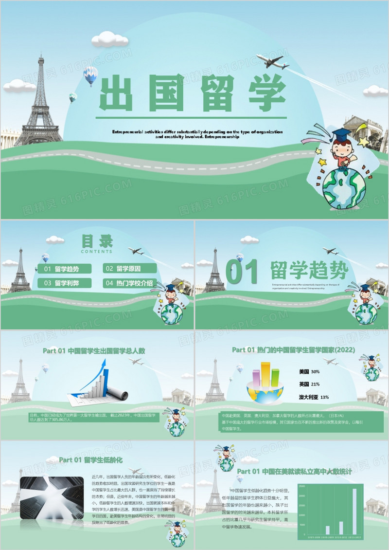 绿色简约出国留学营销策划PPT模板
