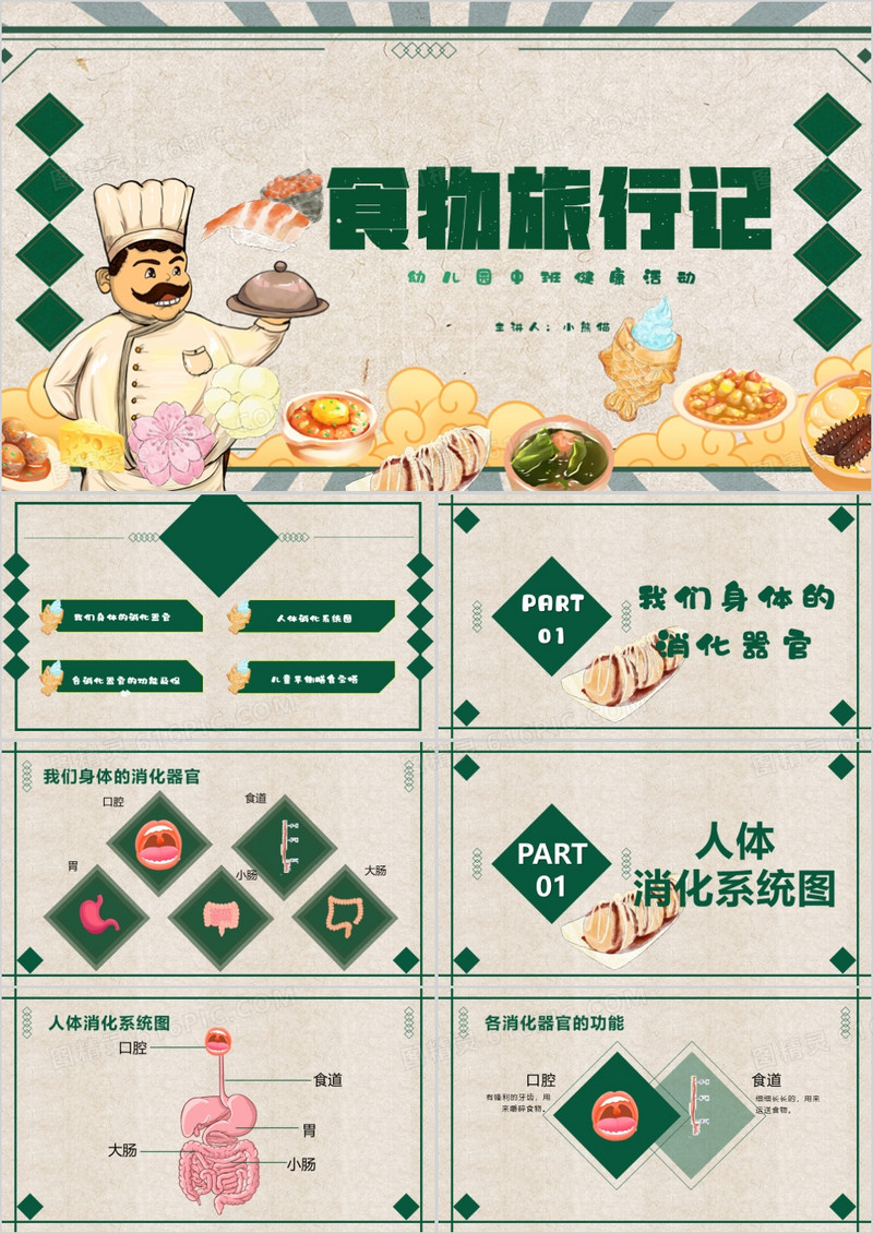 绿色卡通风食物旅行记PPT模板
