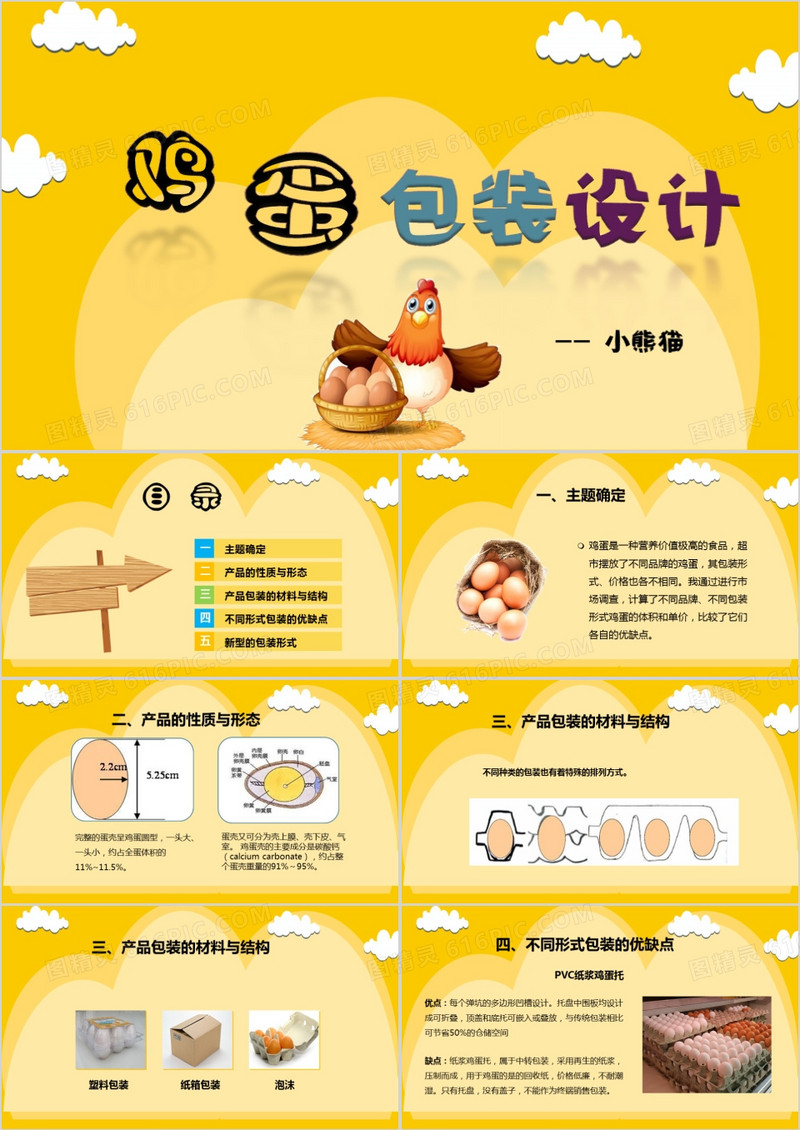 黄色卡通风鸡蛋包装设计PPT模板