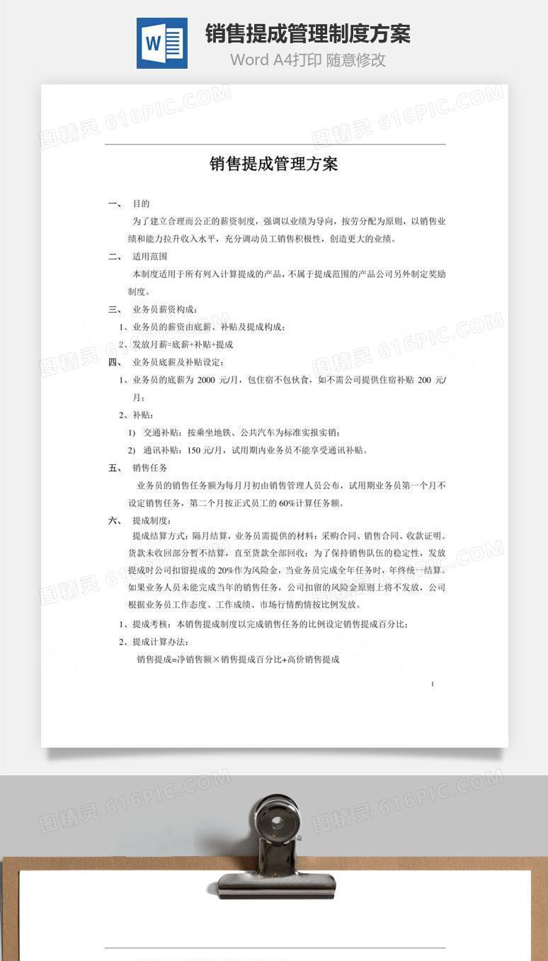 销售提成管理制度方案Word文档