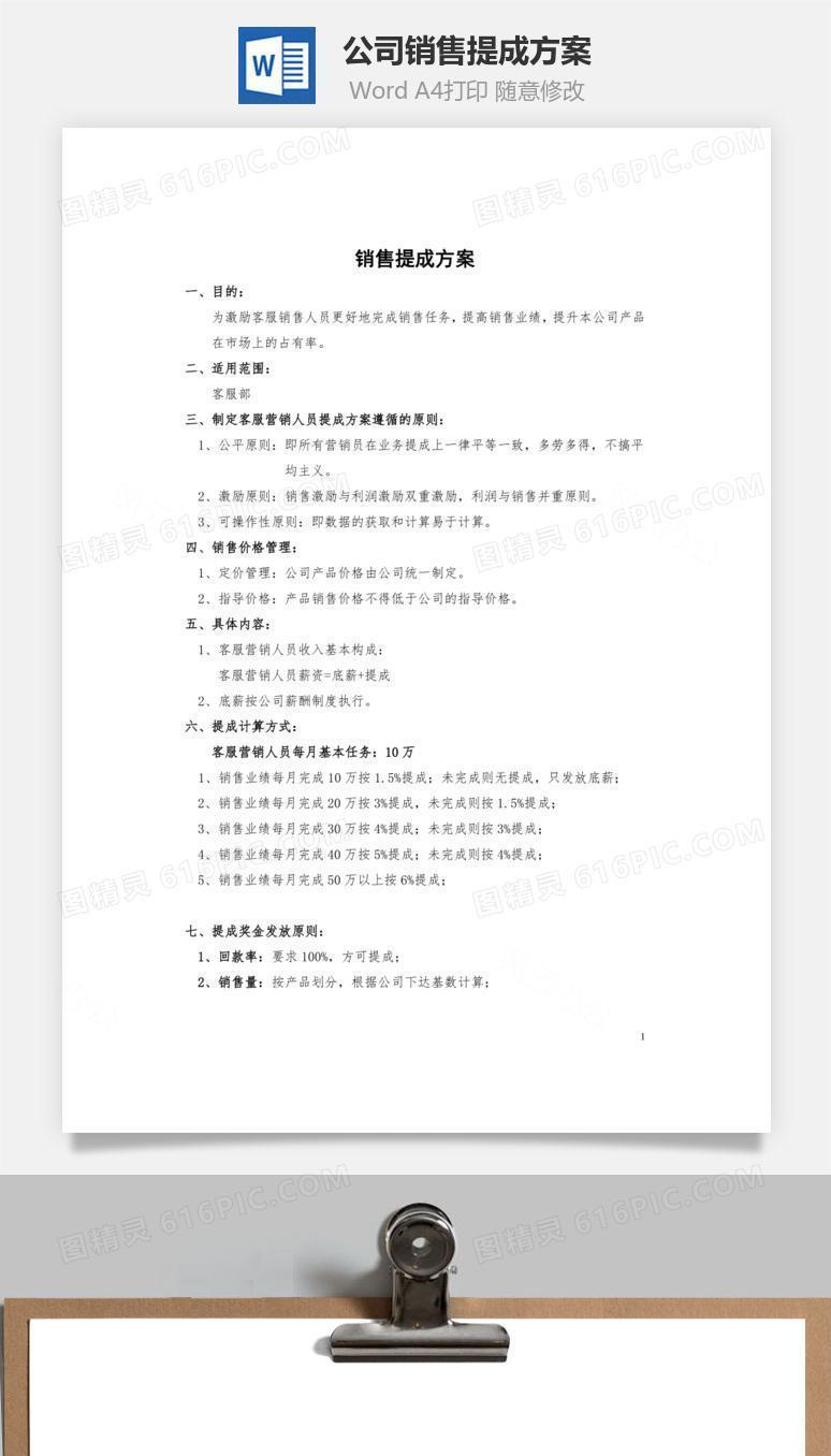 公司销售提成方案制度Word文档