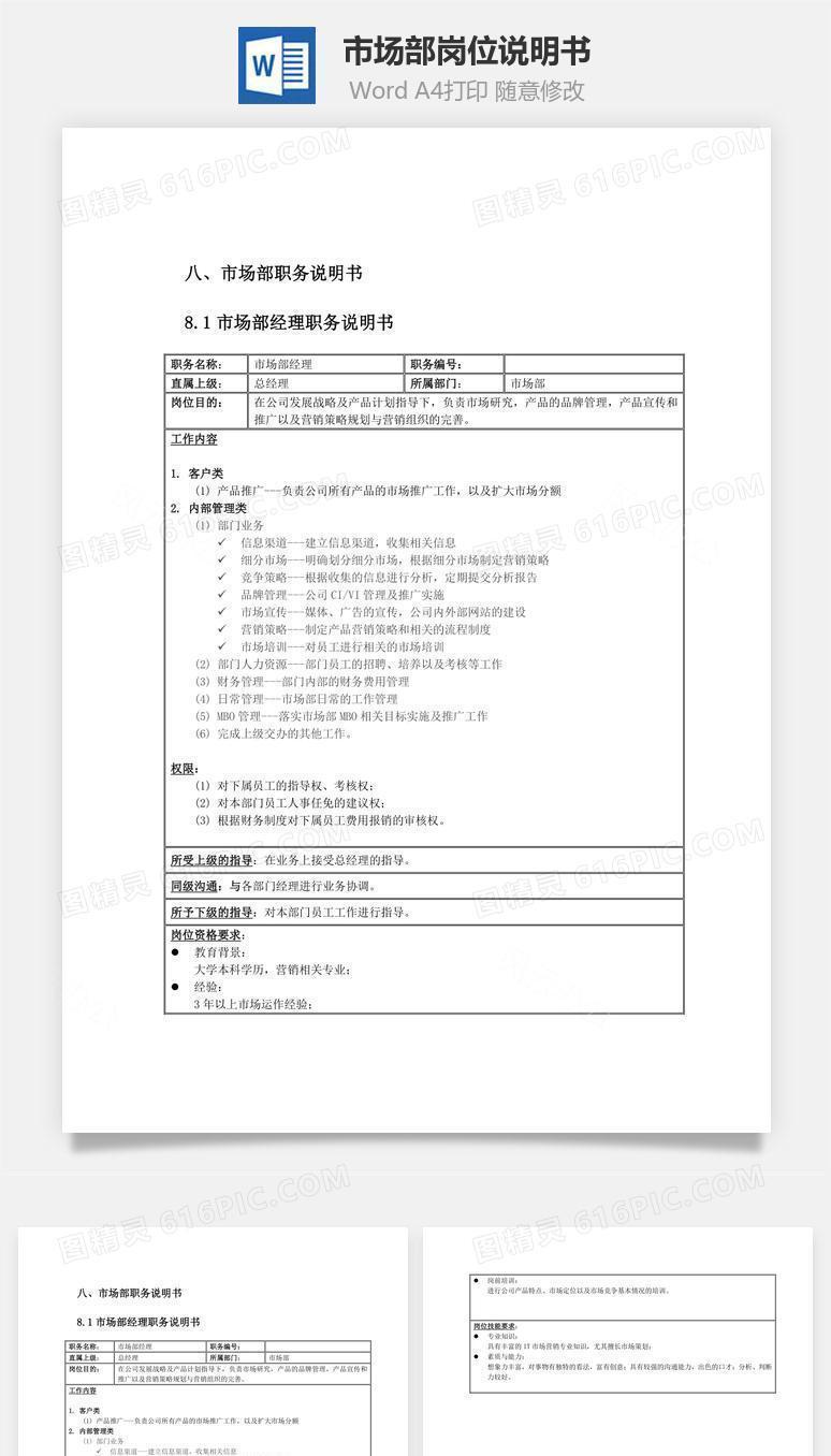 市场部岗位说明书Word文档