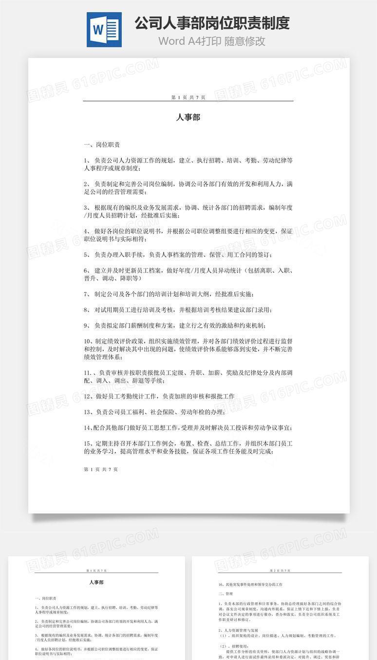公司人事部岗位职责制度Word文档