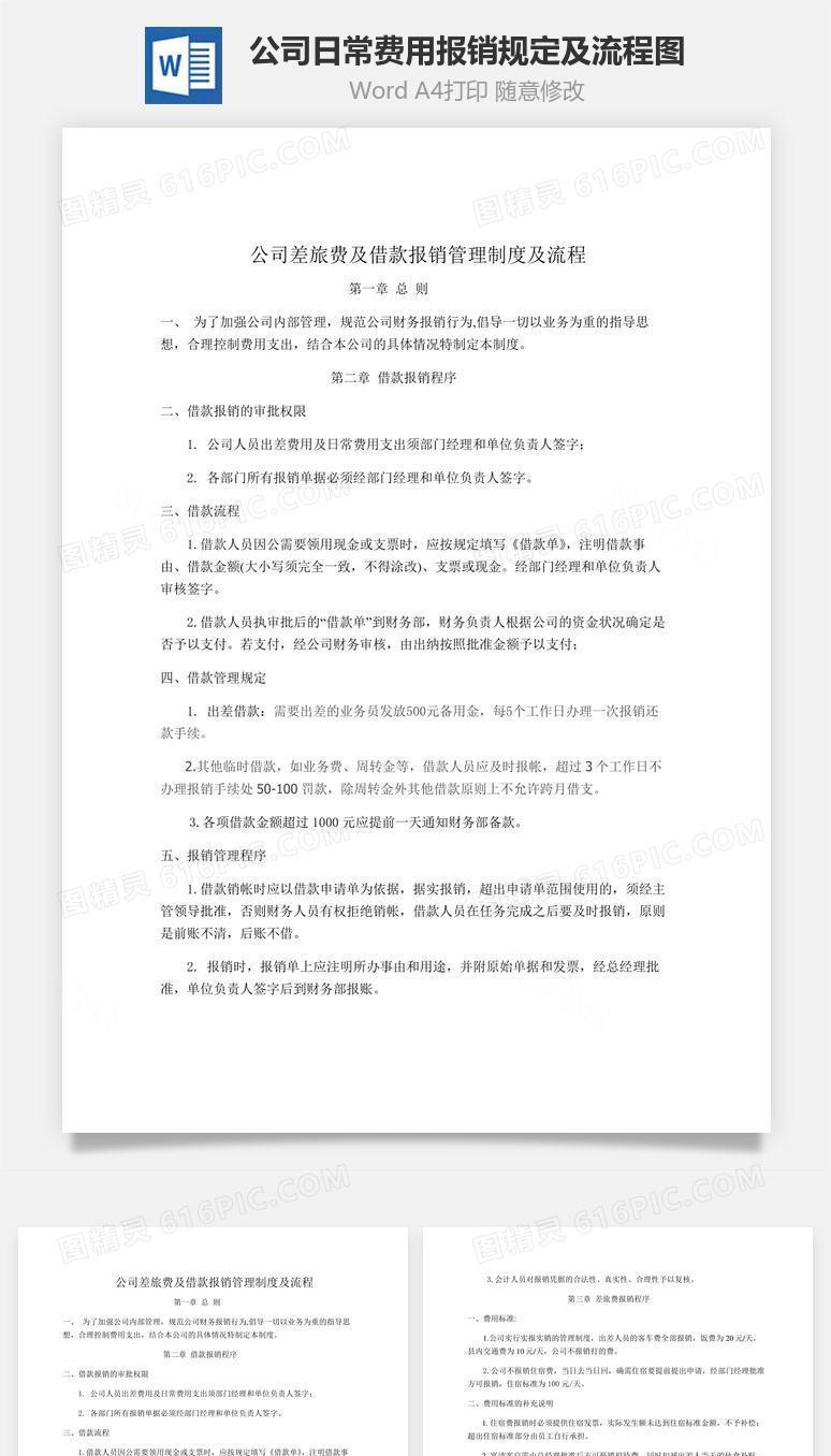 公司日常费用报销规定及流程图Word文档