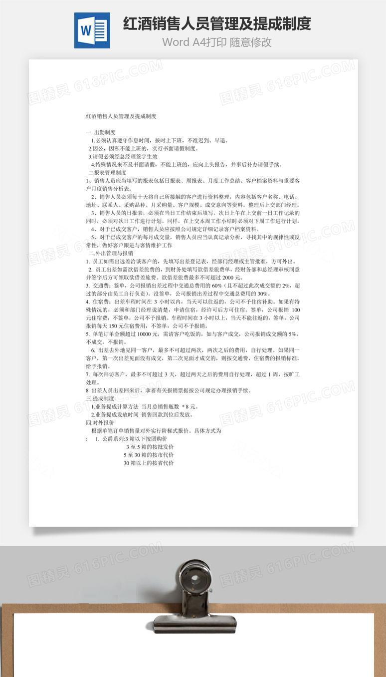 红酒销售人员管理及提成制度Word文档