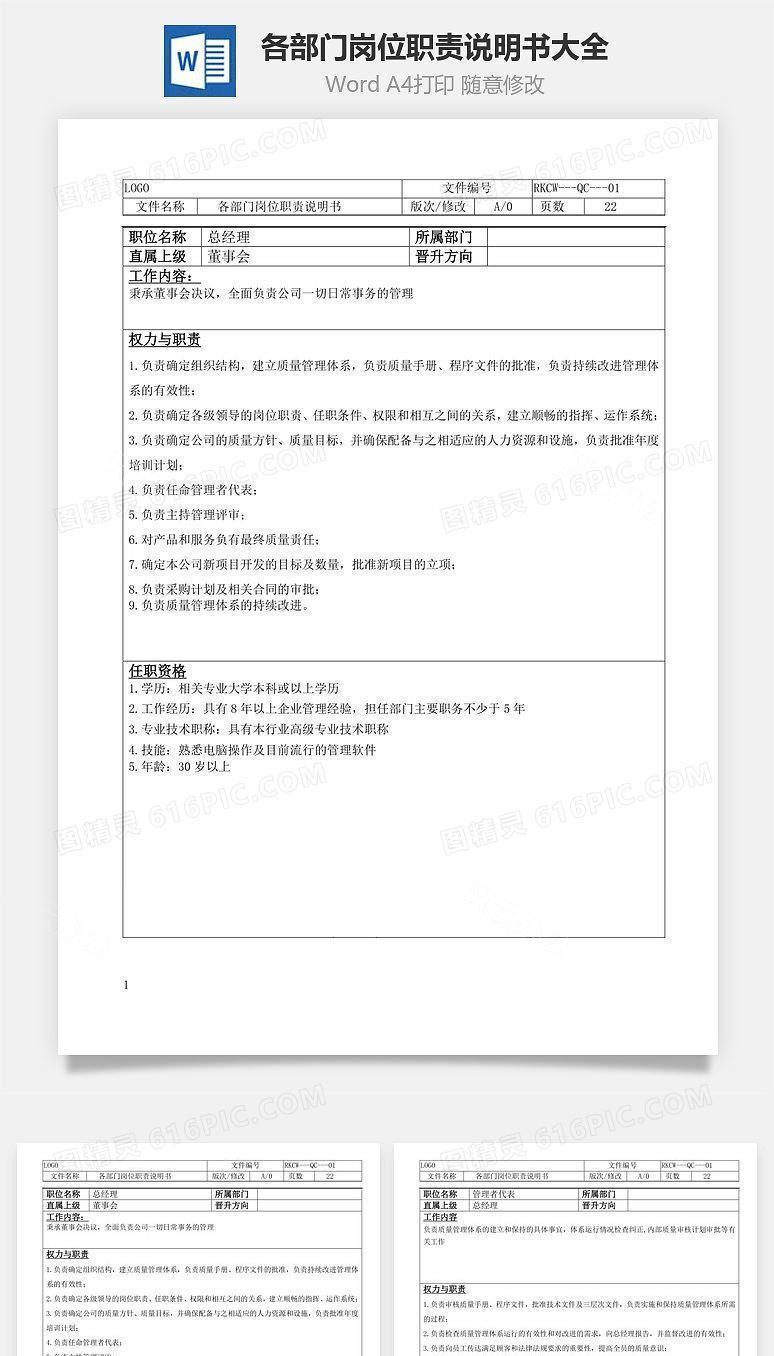 企业各部门岗位职责说明书大全Word文档