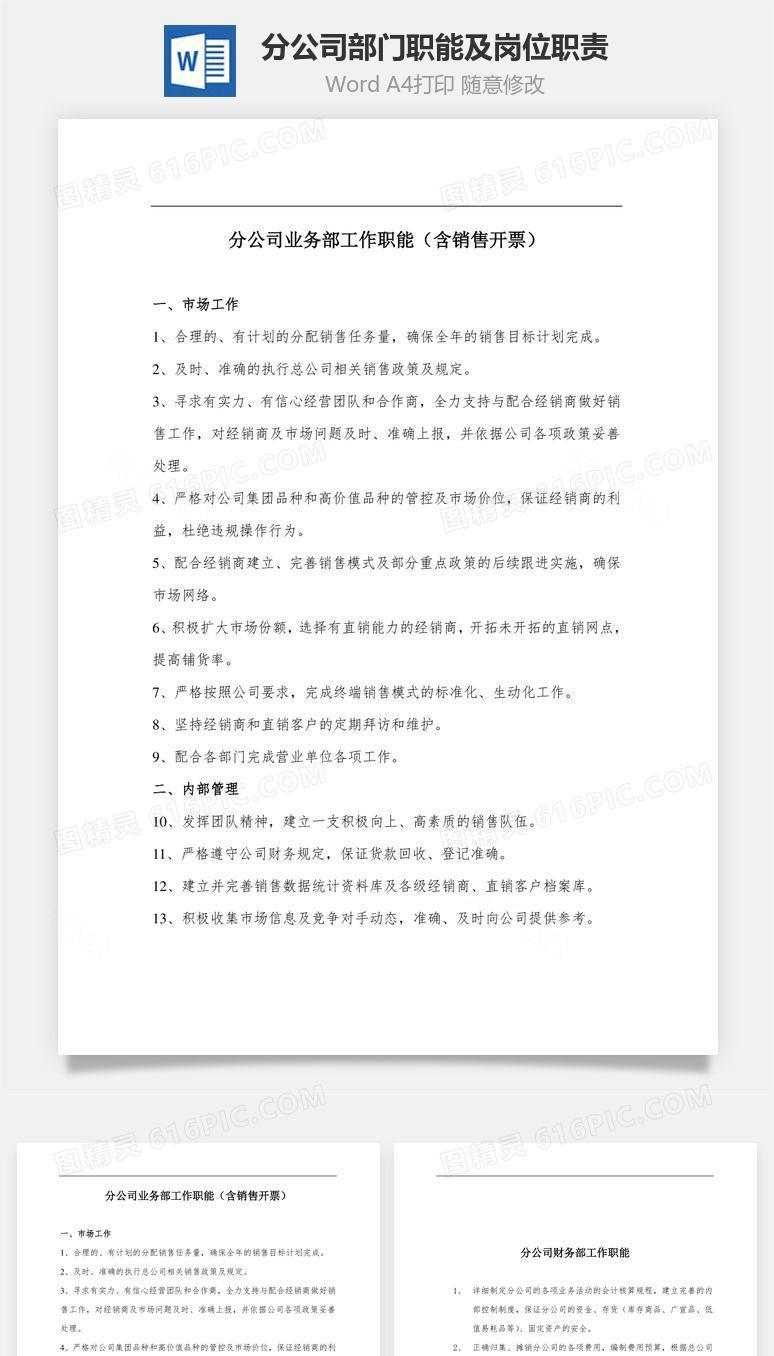 分公司部门职能及岗位职责Word文档