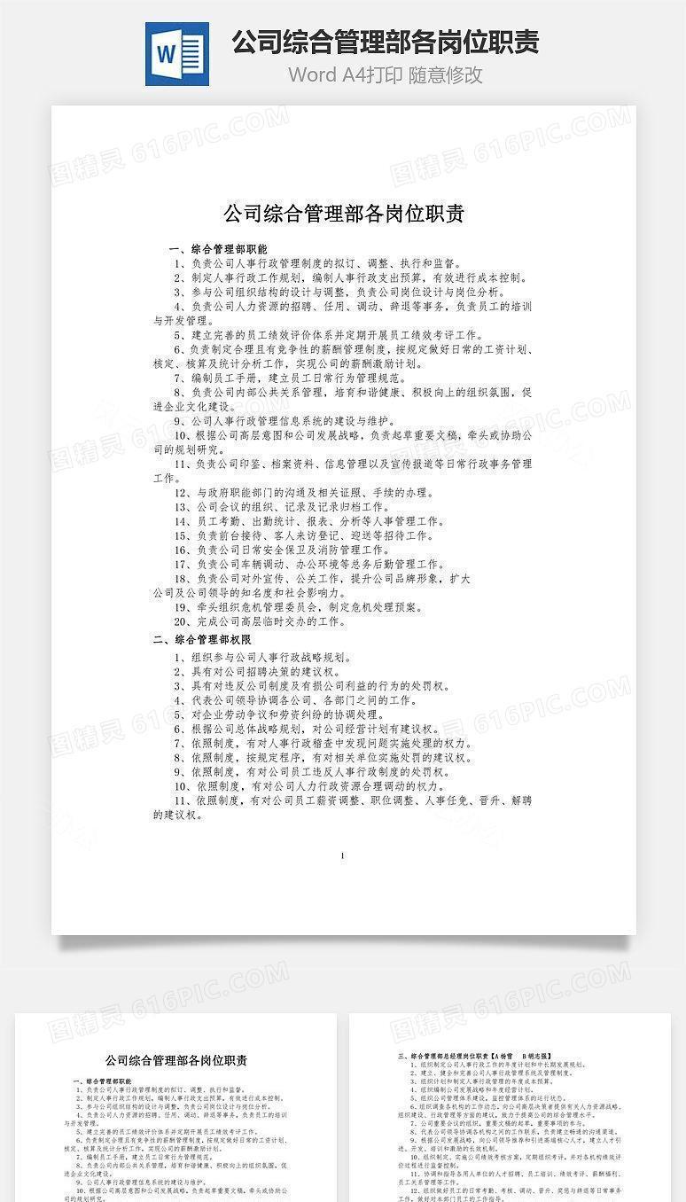公司综合管理部各岗位职责Word文档
