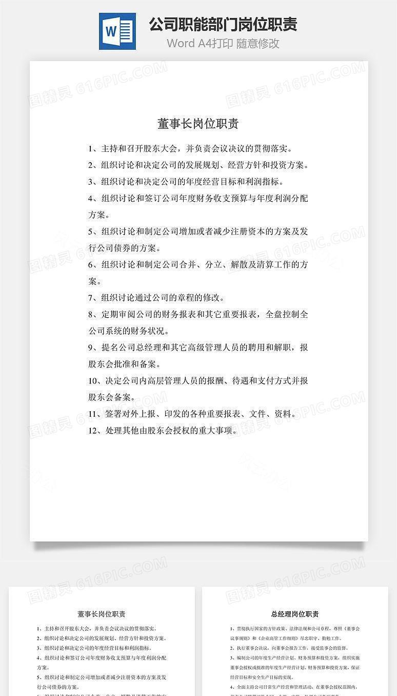 公司职能部门岗位职责Word文档