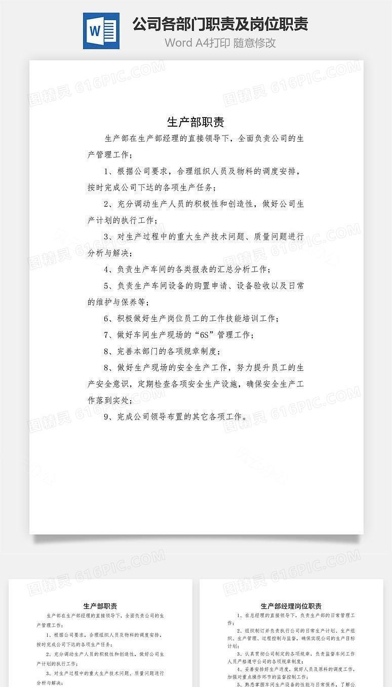 公司各部门职责及岗位职责Word文档